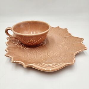 Woodfield Steubenville Pottery Snack Plate & Cup Leaf Plate Pink Peach Autumn